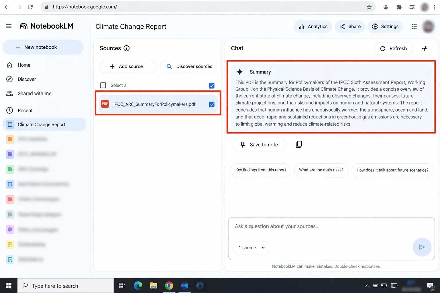 Gemini Notebook with a PDF listed under Sources and an auto-generated summary in the Chat panel