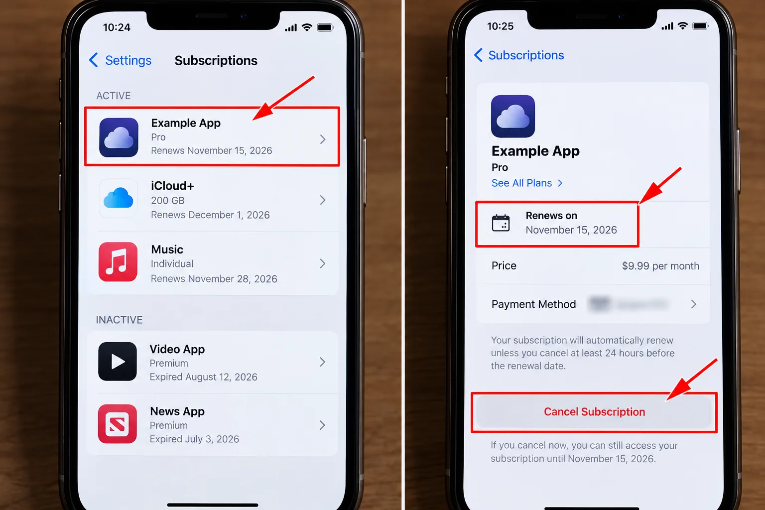An iPhone Subscriptions screen showing the expiry date and Cancel Subscription button, details blurred