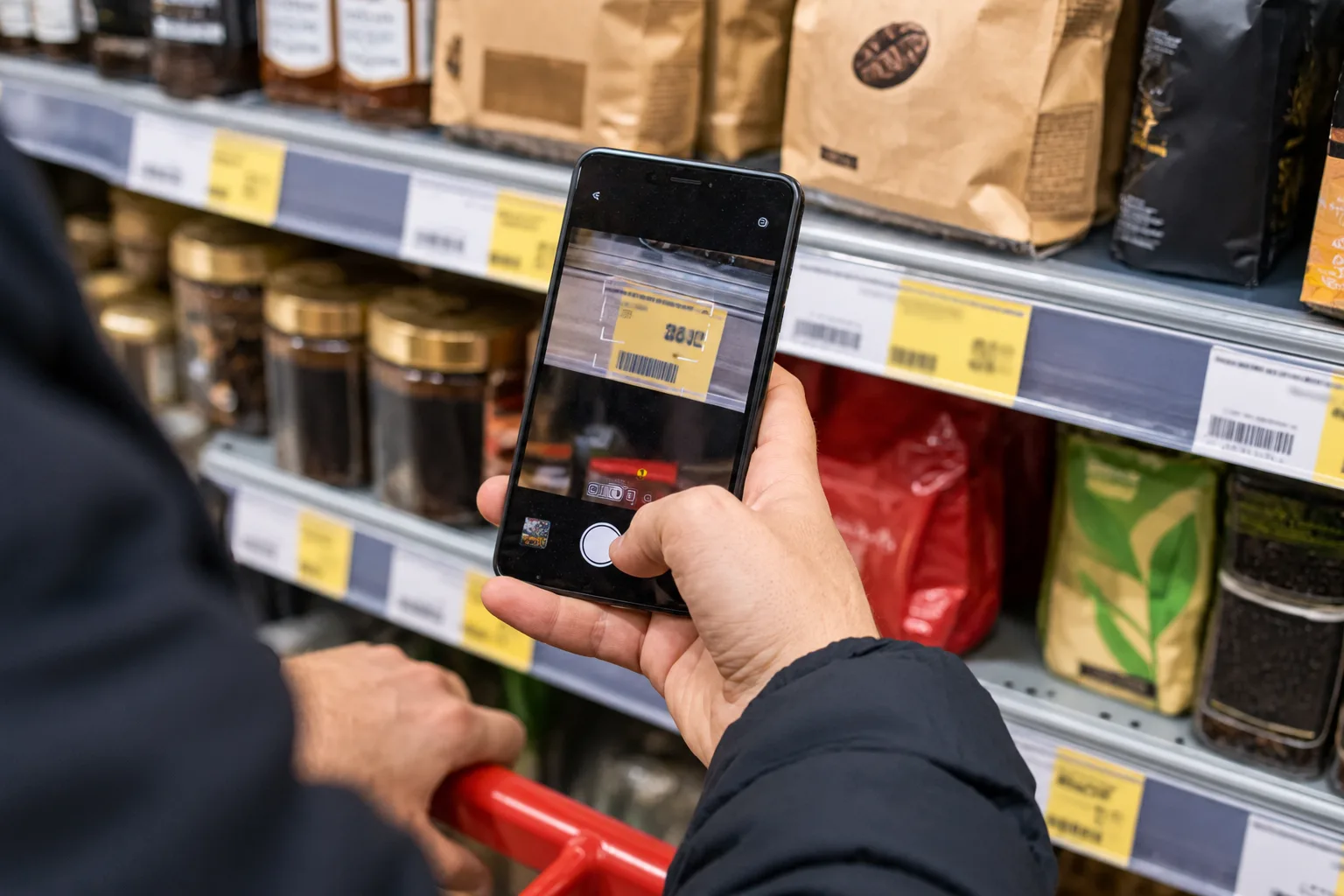A hand holding a phone up in front of a shop shelf of blurred price tags, as if scanning one
