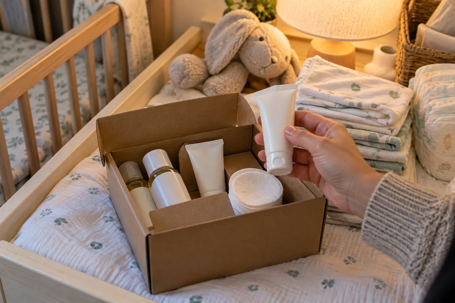 A changing-table shelf with folded cloths, a cardboard box, a hand holding a plain tube and a soft toy