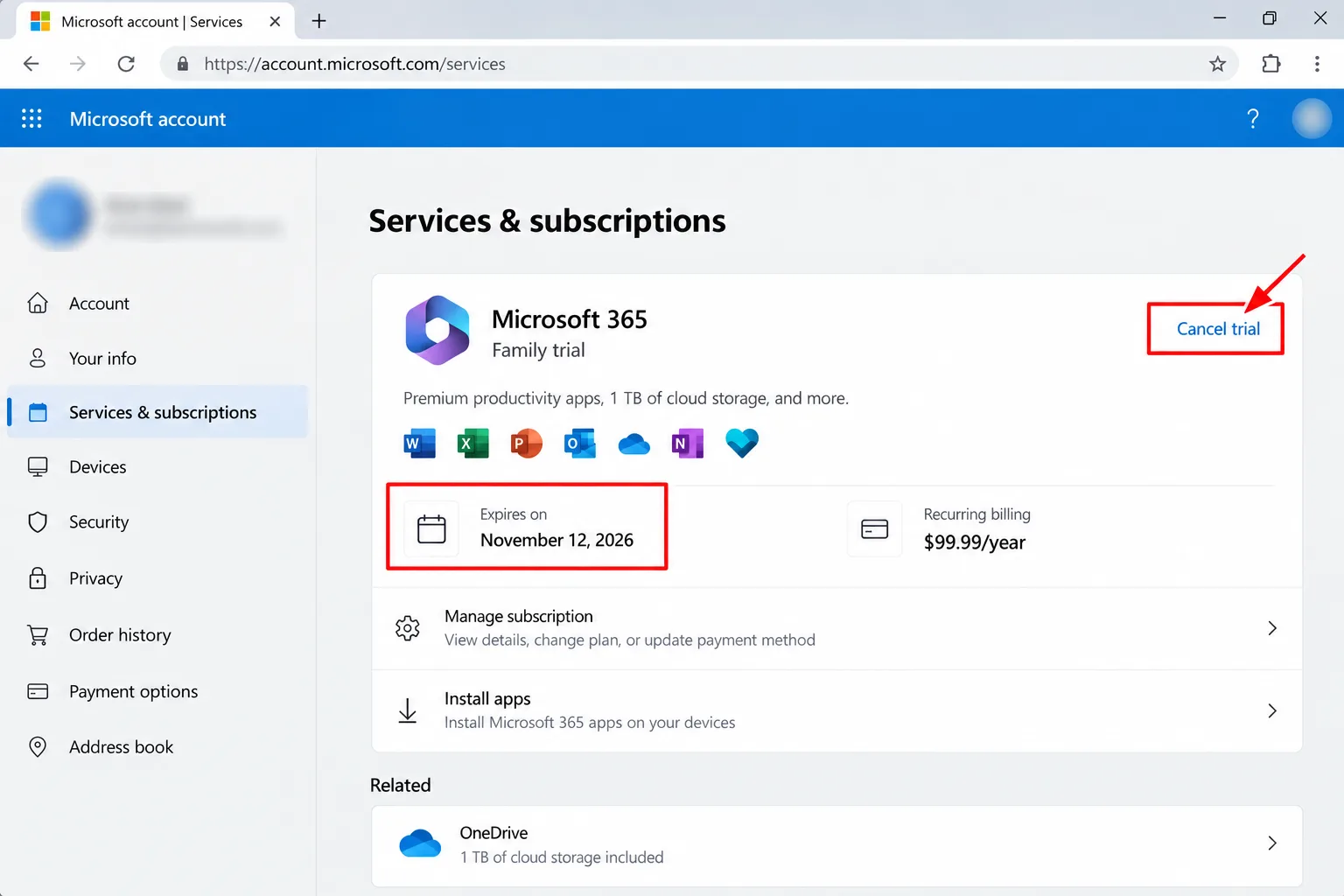A Microsoft account services page showing a subscription's Expires on date and Cancel link, details blurred