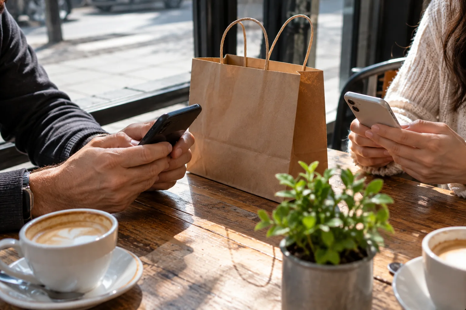 Two pairs of hands holding phones, screens turned away, on a cafe table with a paper shopping bag between