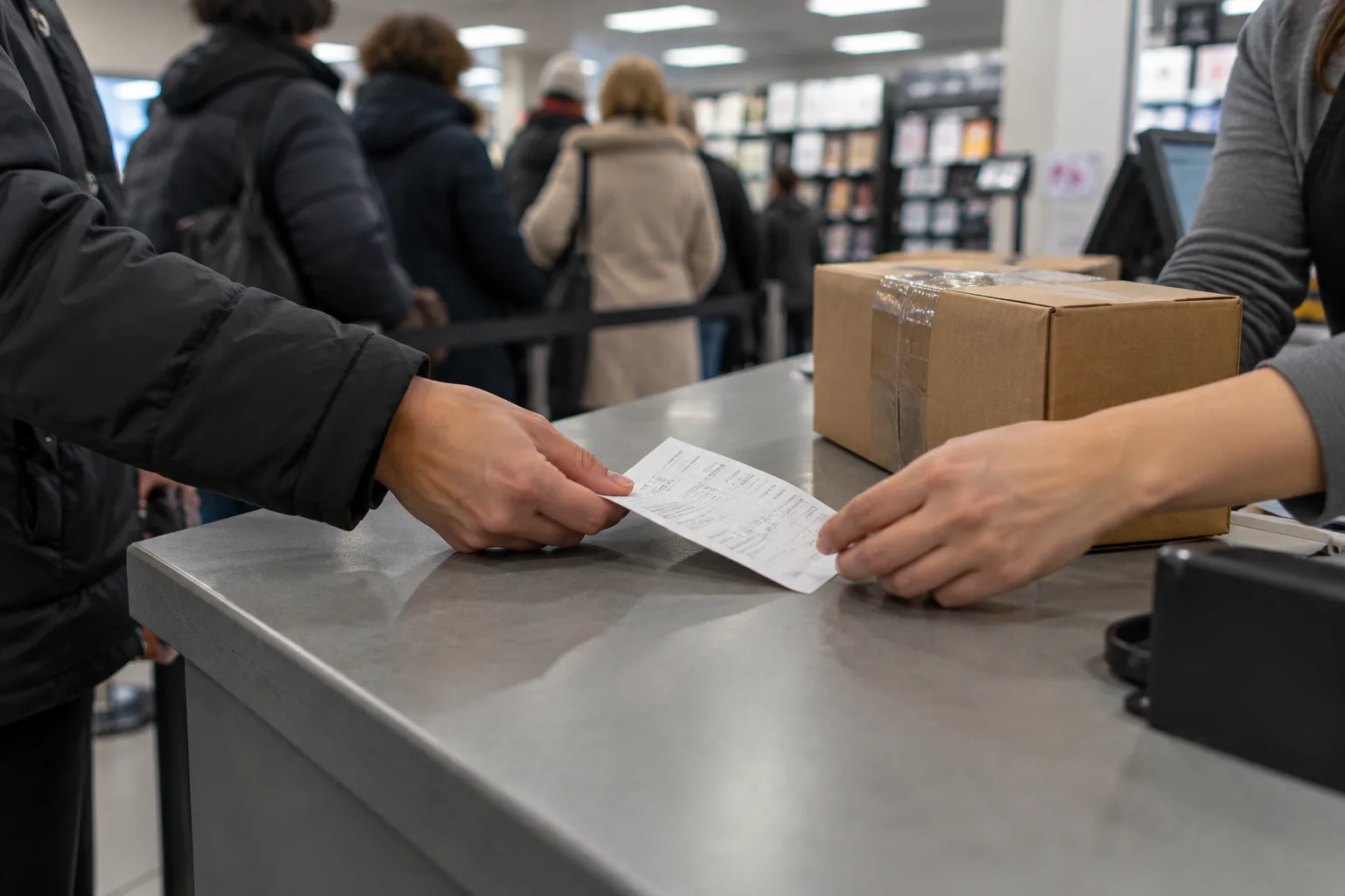 Two hands sliding a folded paper receipt across a shop service counter beside a wrapped parcel