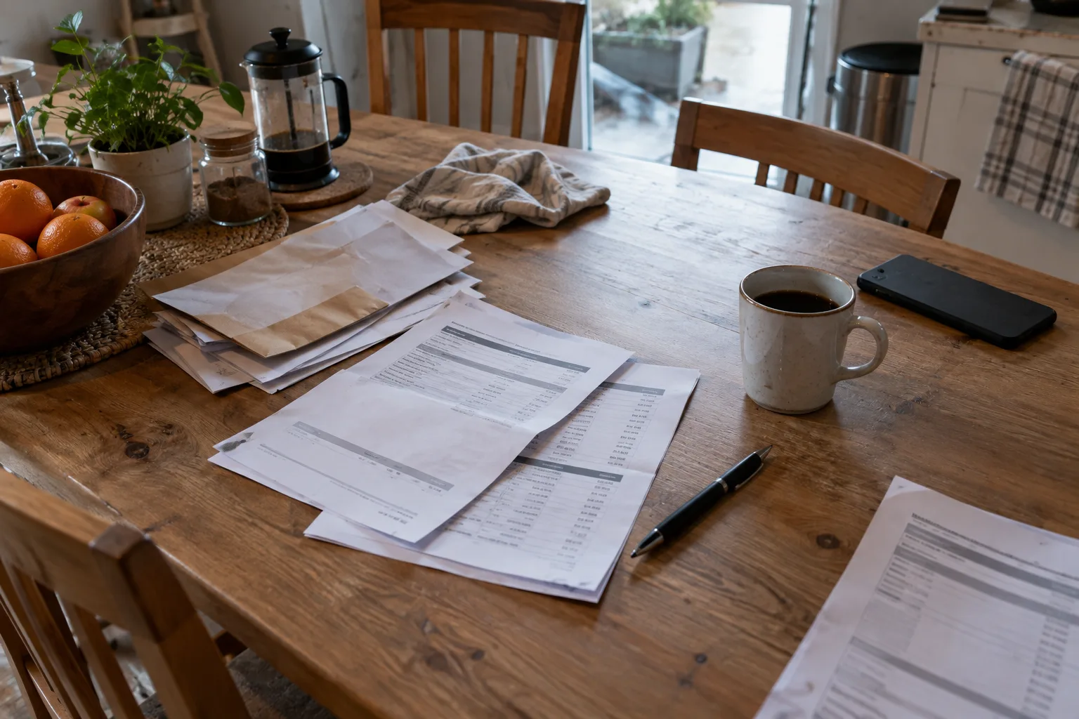 A kitchen table seen from above with paper bank statements, a pen, a mug and a phone lying face down