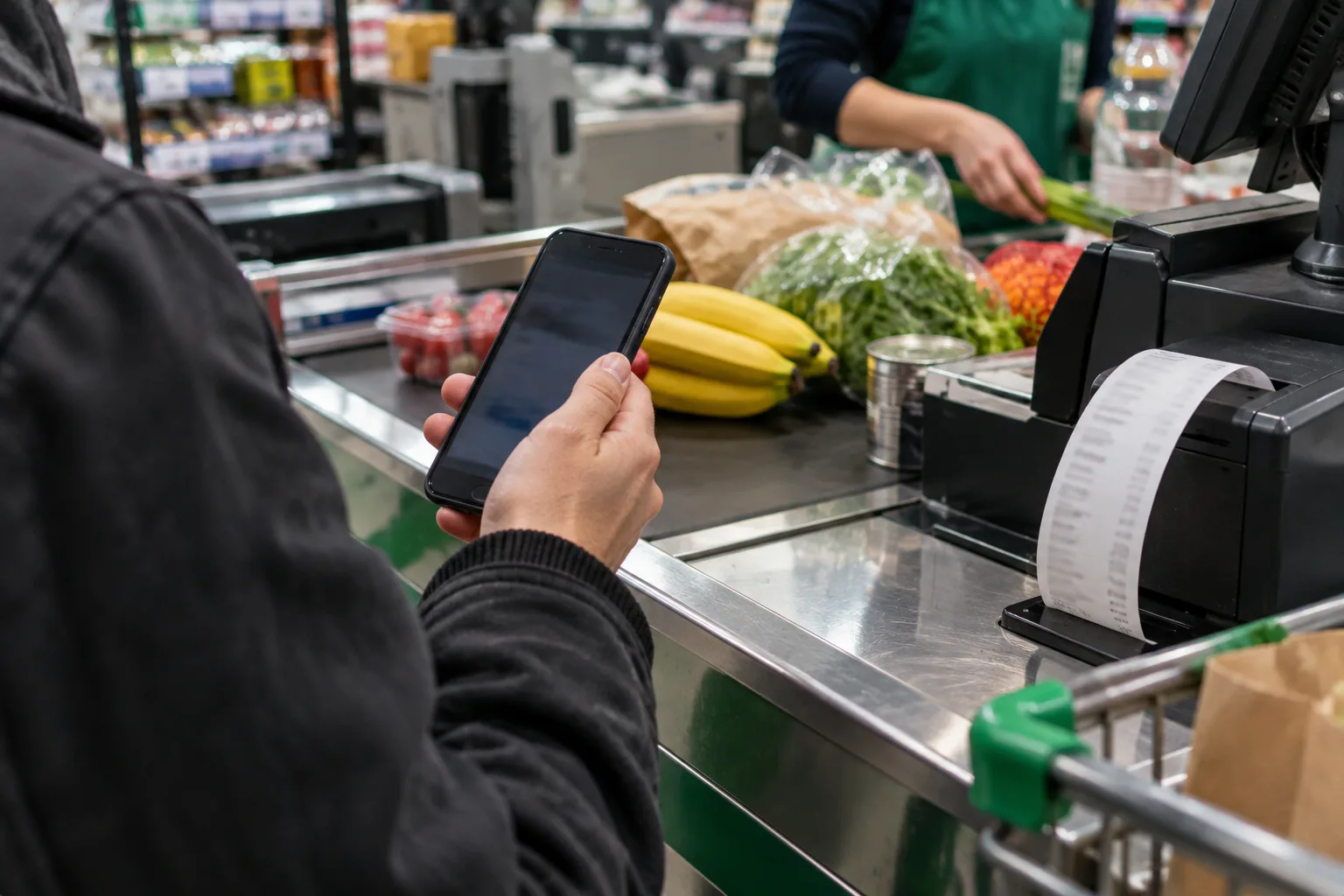 A hand holding a phone near a supermarket checkout belt as a receipt curls out of the till