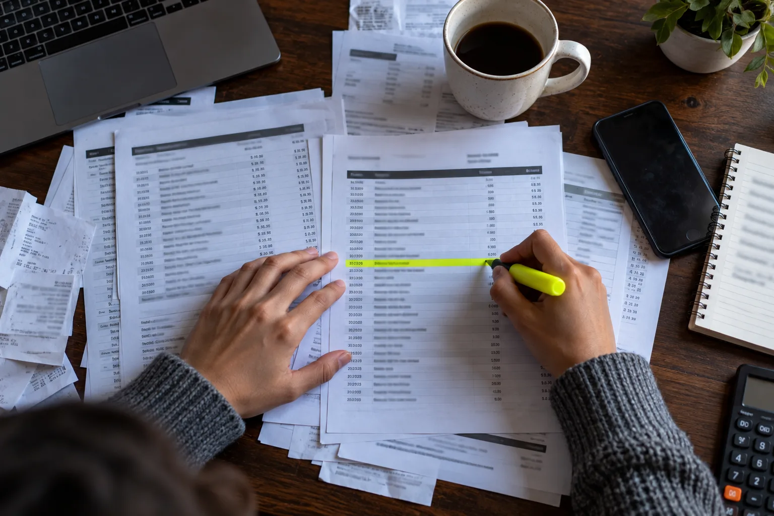 Printed bank statements on a dark wooden table with a highlighter, a mug and a phone, seen from above