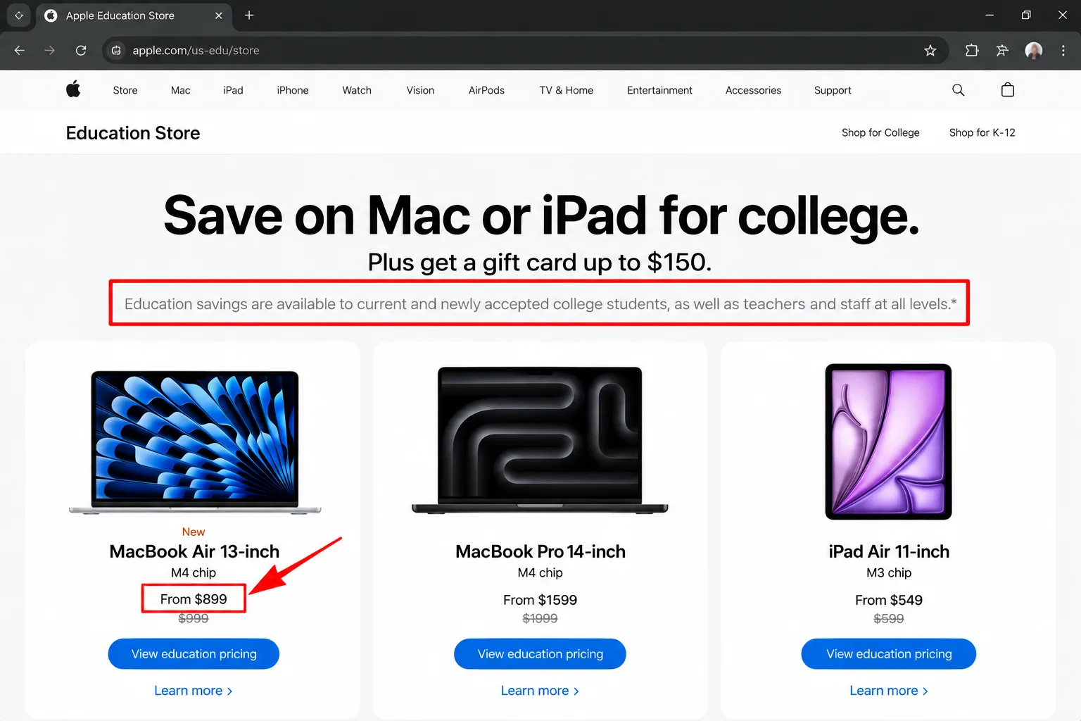 Apple's Education Store page showing who education savings are available to and sample education prices