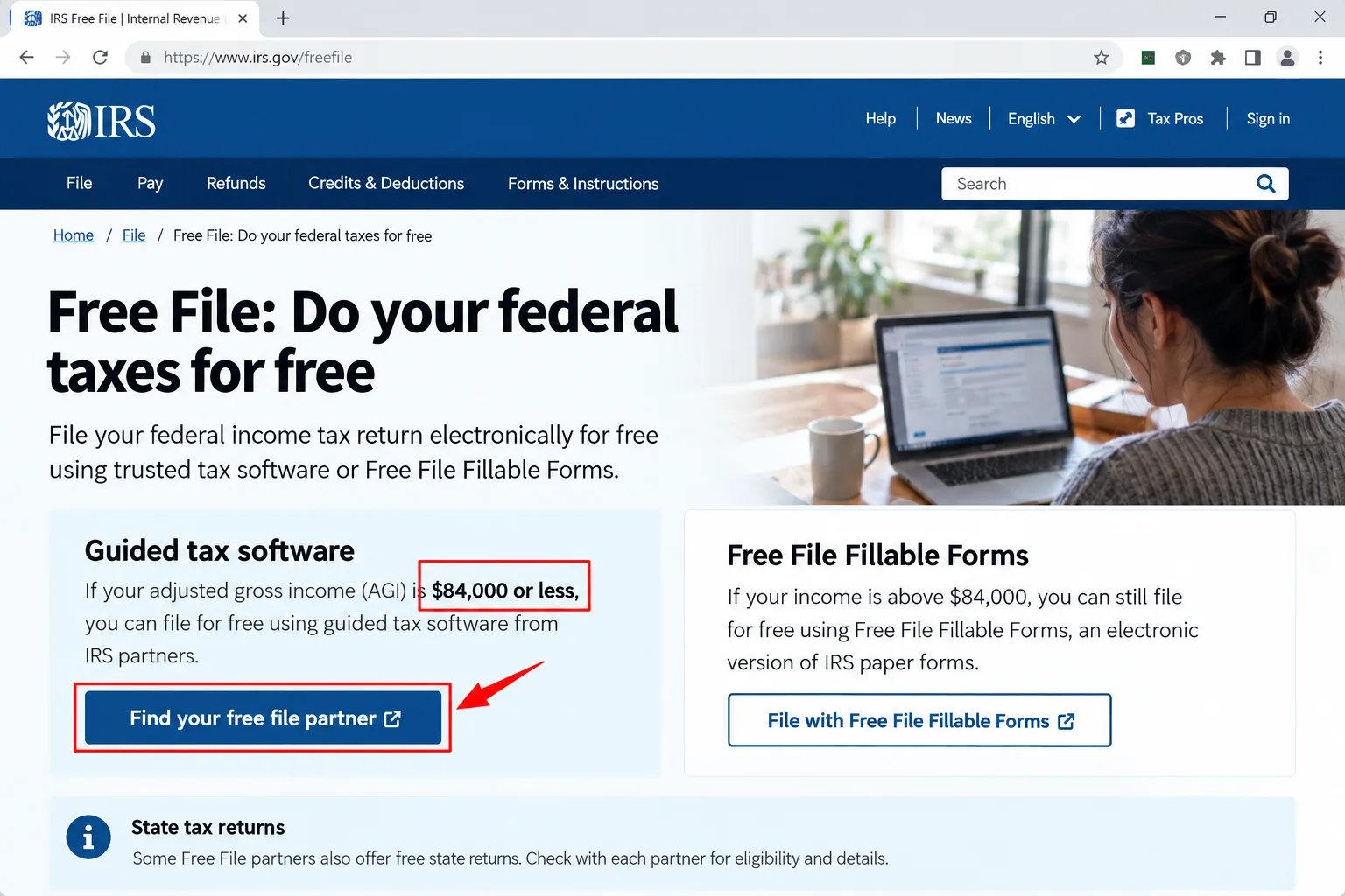 The IRS Free File page showing the income limit for guided tax software and the fillable forms option