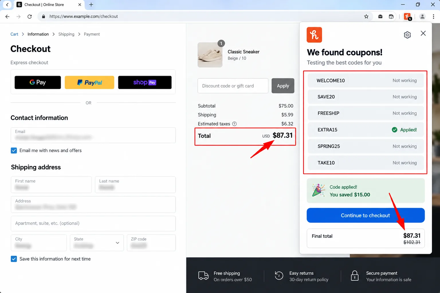 A coupon extension popup at checkout listing the codes it tried and the final total, personal details blurred