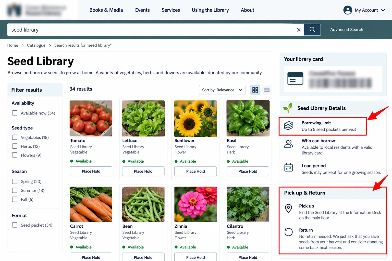 A library seed catalogue page with the seed list and borrowing limit marked, account details blurred