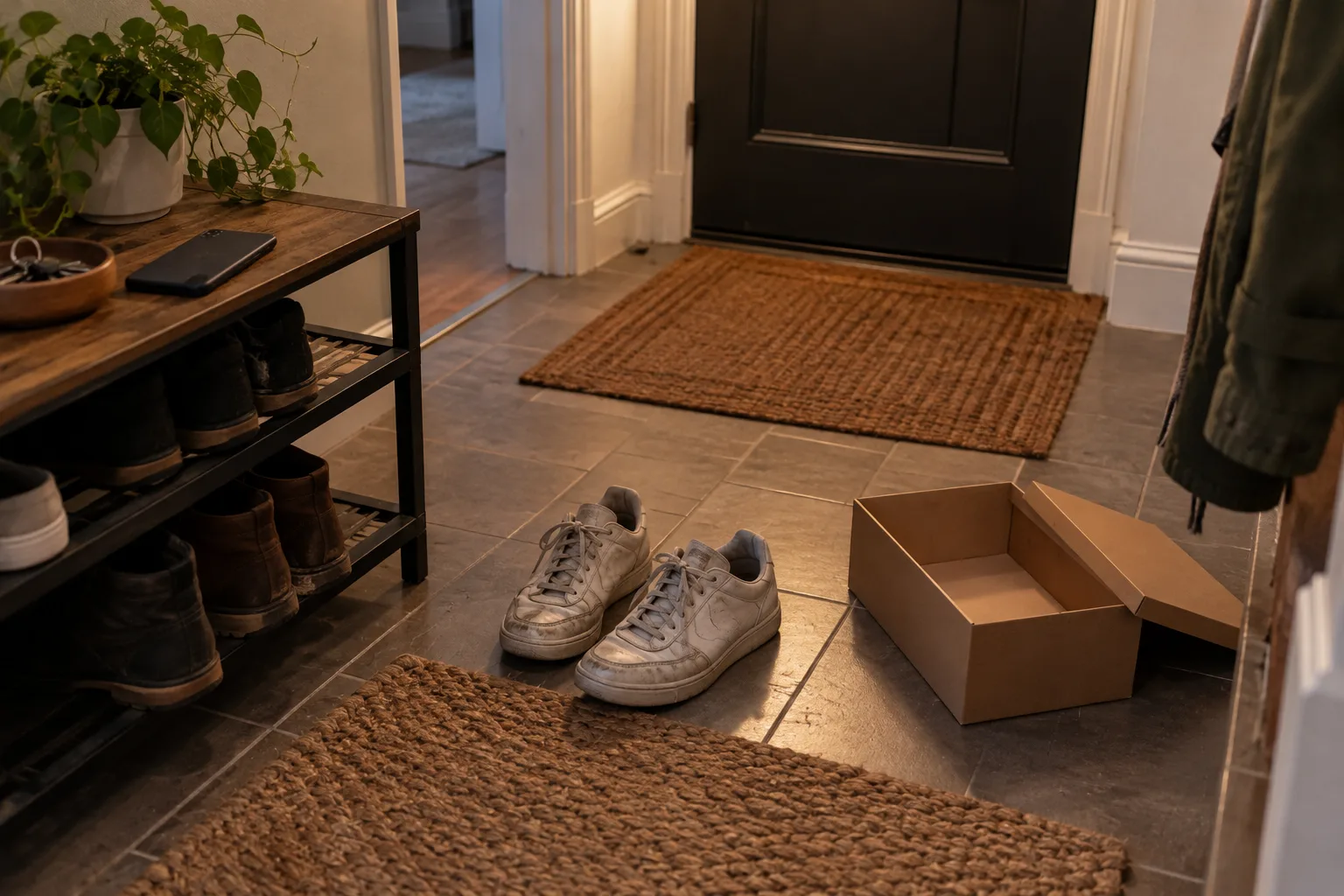 A pair of scuffed trainers on a hallway floor beside an empty shoebox and a face-down phone